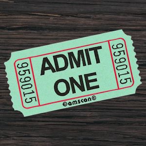 a green movie ticket that says "admit one"