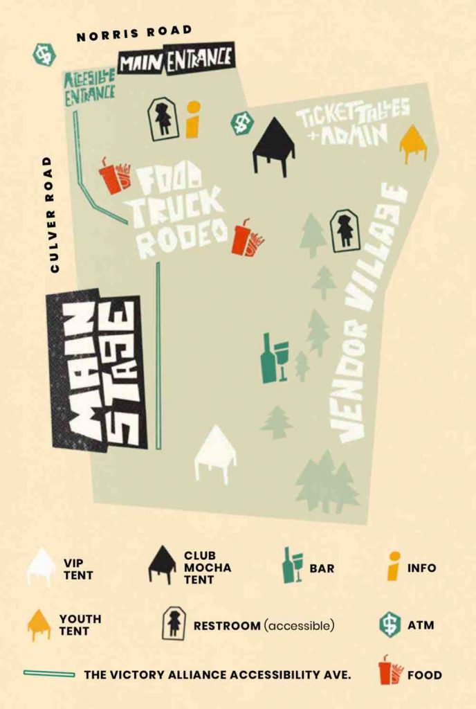 Illustrated map of Rochester Pride showing the main stage, food truck rodeo, main entrance, tickets, and vendors