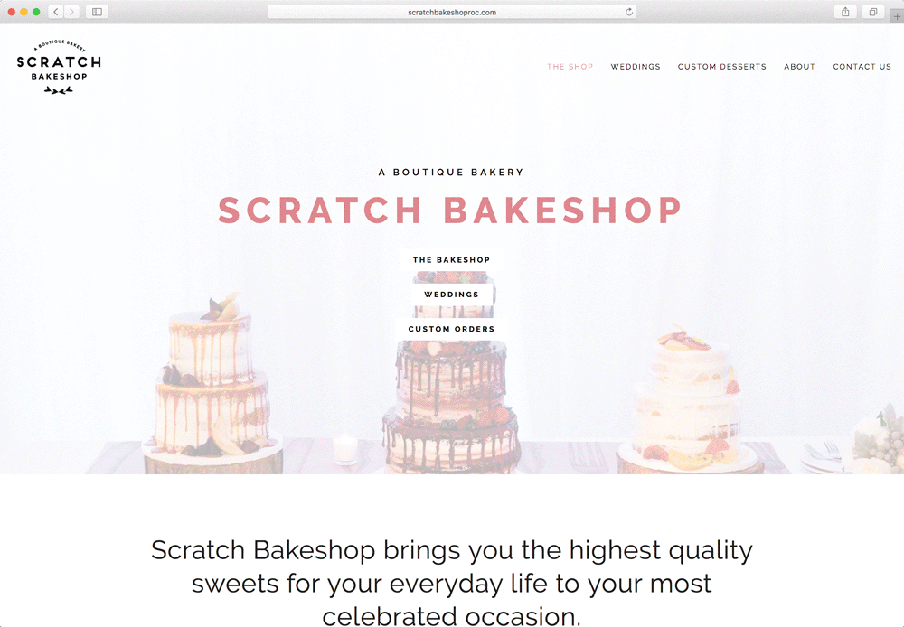 Rotating carousel of images of the Scratch Bakeshop website featuring a gallery of desserts and cakes