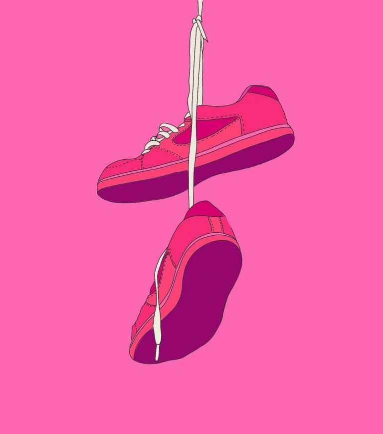Illustration of pink sneakers with whit laces holding them up