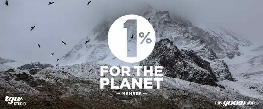 Graphic with the 1% for the Planet member logo, TGW Studio logo, and This Good World logo on top of an image of a white snowy mountain. 1% proceeds go to Finger Lakes Land Trust and Adirondack Council