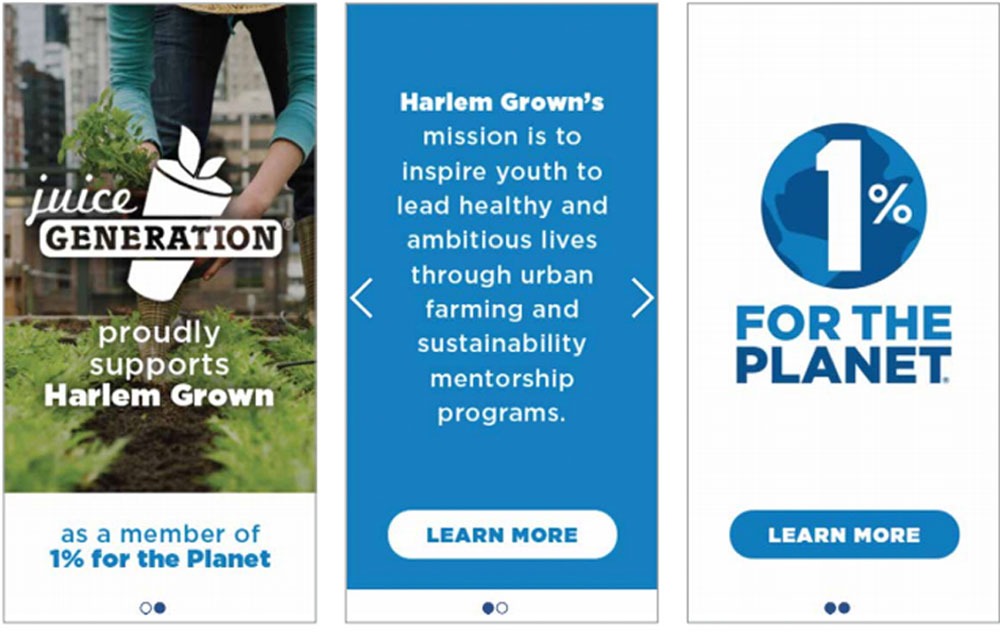 Three rectangular cards that show 1% for the Planet ad mockups depicting social responsibility