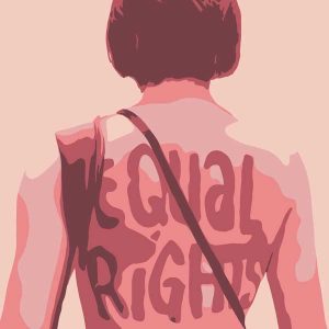 Illustration of a person's back with the words 'equal rights' on their shirt