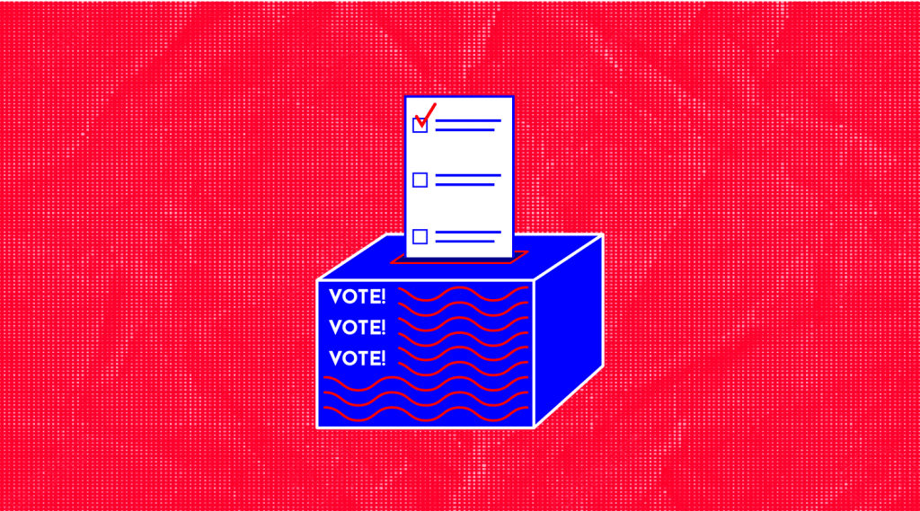 illustration of a ballot going into a ballot box with the words "vote!" on it