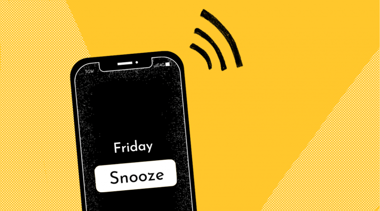 A black phone sits on a yellow background that has an alarm going off marked "Friday" coupled with a snooze button