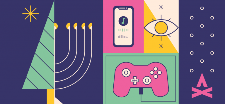 vectorized collage illustration of the ways you can stay connected with tech this holiday season