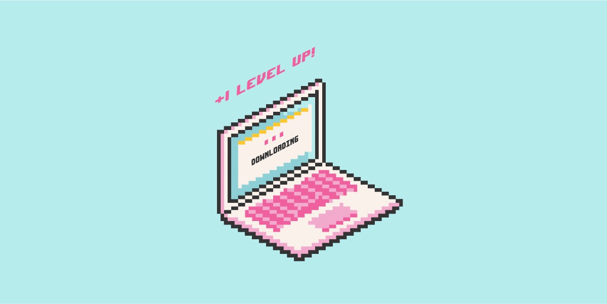 Pixel art laptop downloading software with text above that says "level up!"