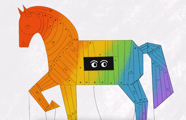 A rainbow trojan horse stands against a white background. In the middle of the horse, a pair of eyes peek through a small whole in the wood.