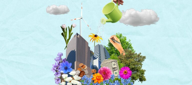 A garden of skyscrapers, flowers, wind turbines, and money is being watered in this photo-illustration.