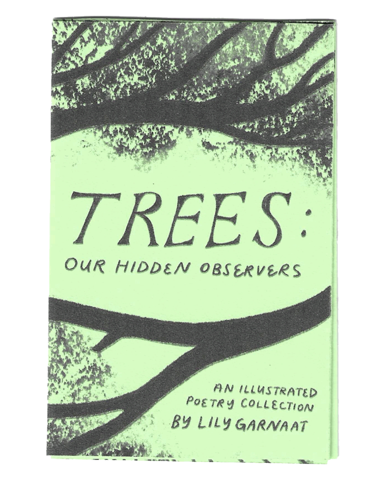 A green mini magazine cover with tree branches framing the title, "Trees: Our Hidden Observers"