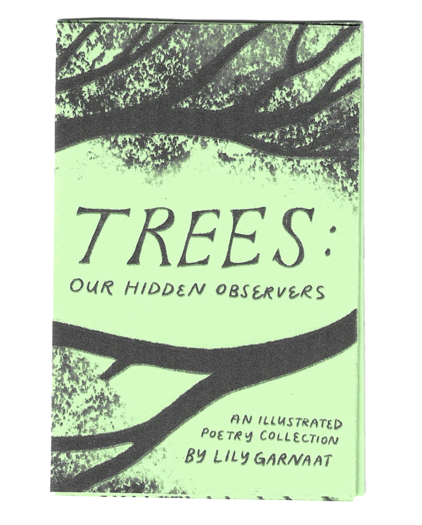 A green mini magazine cover with tree branches framing the title, "Trees: Our Hidden Observers"