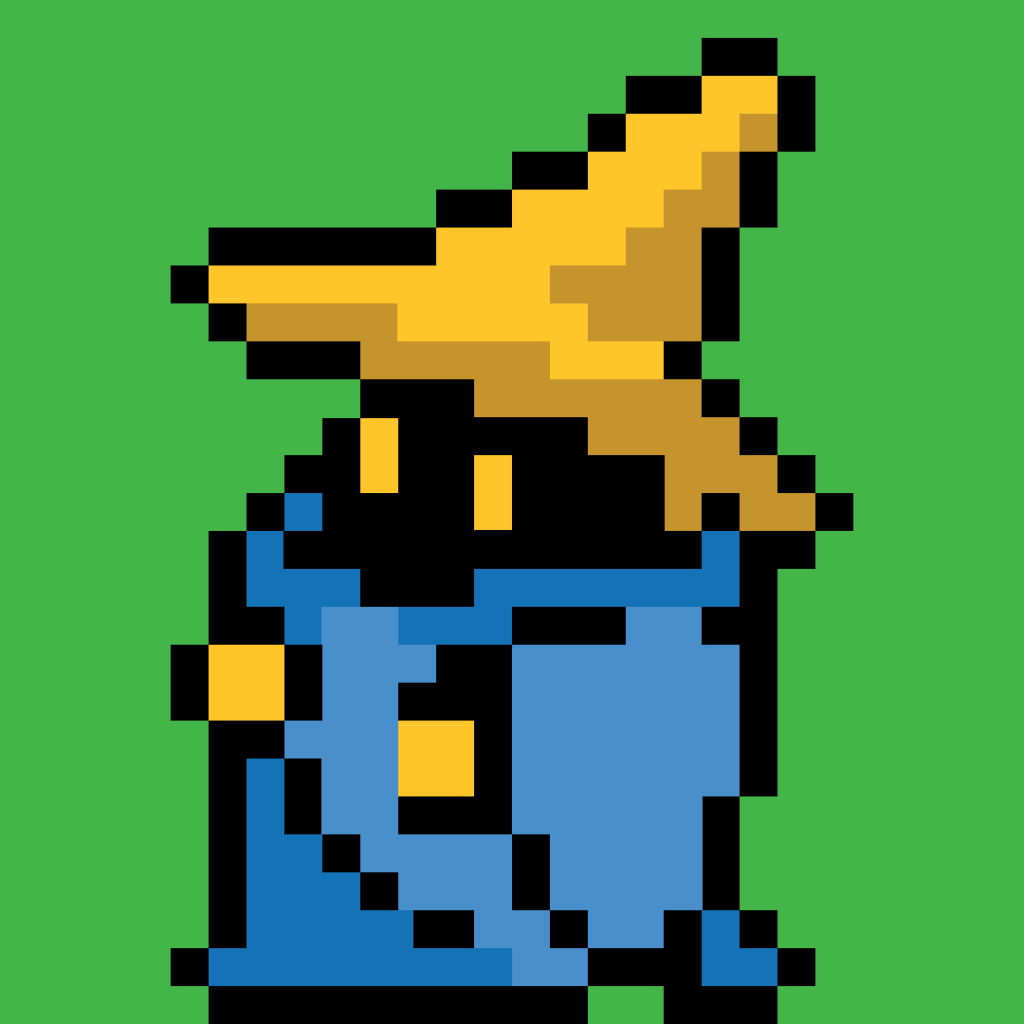 Pixel art of "Black Mage": a little creature with a yellow witch hat, a blue robe, and glowing yellow eyes.