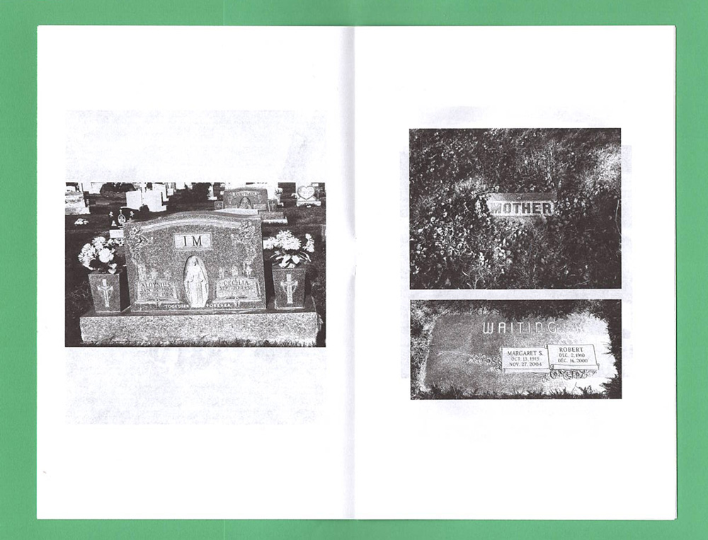 3 Images of gravestones, reading "Im", "Mother", "Waiting", respectively