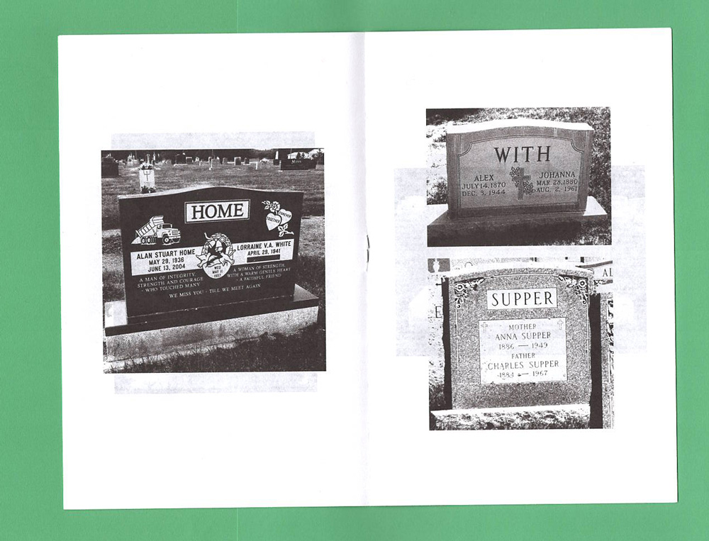 3 Images of gravestones, reading "Home", "Eith", "Supper", respectively