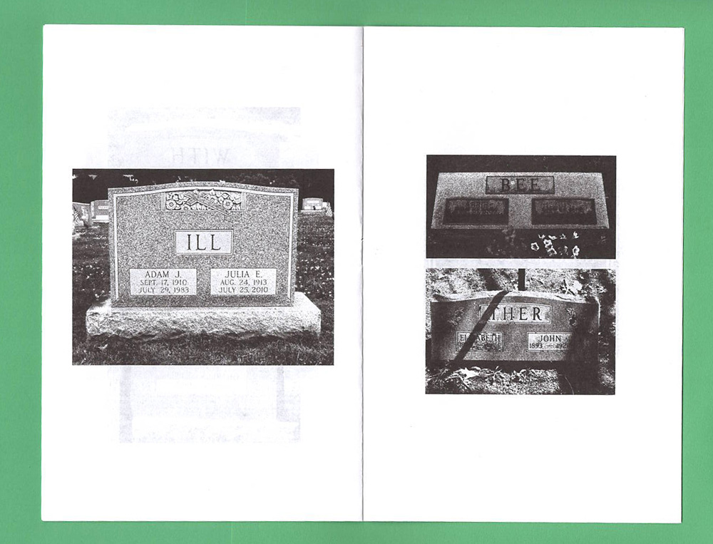 3 Images of gravestones, reading "Ill", "Bee", "Ther", respectively
