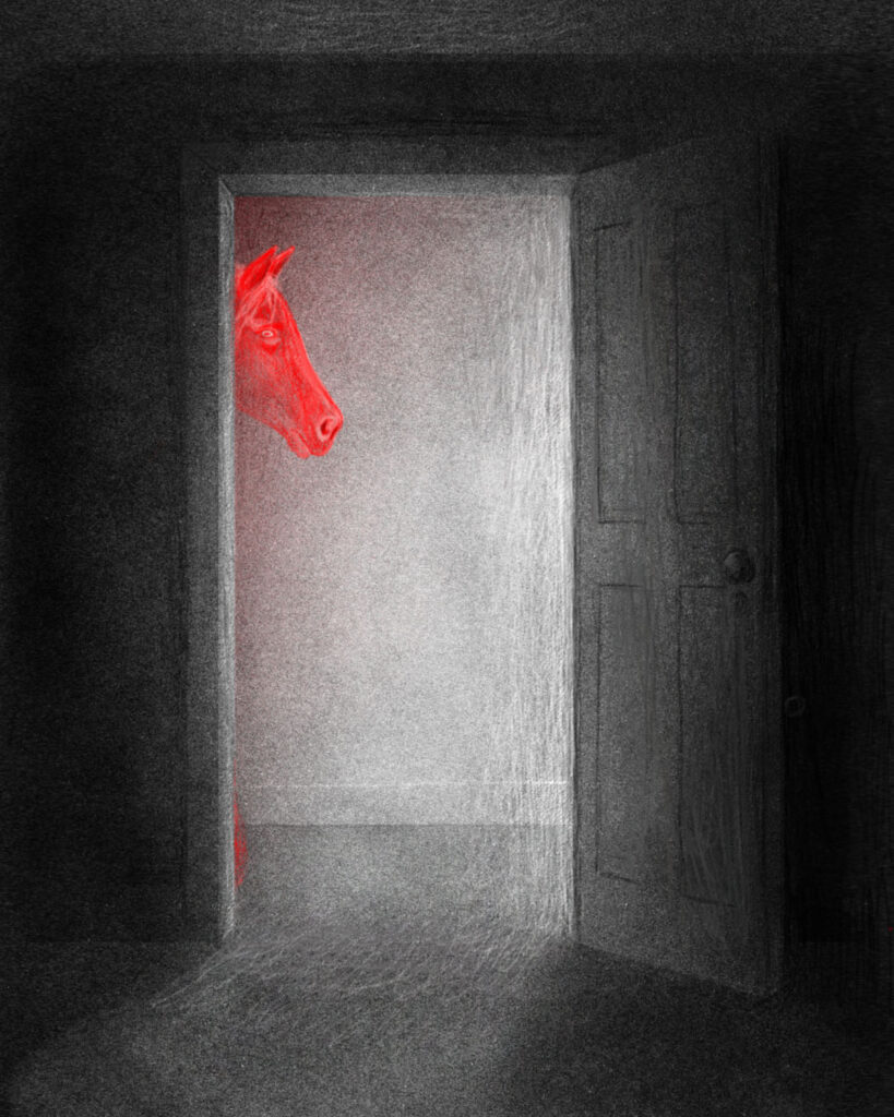 Illustration of a dark room with an open door, and in the door peeks a bright red horse