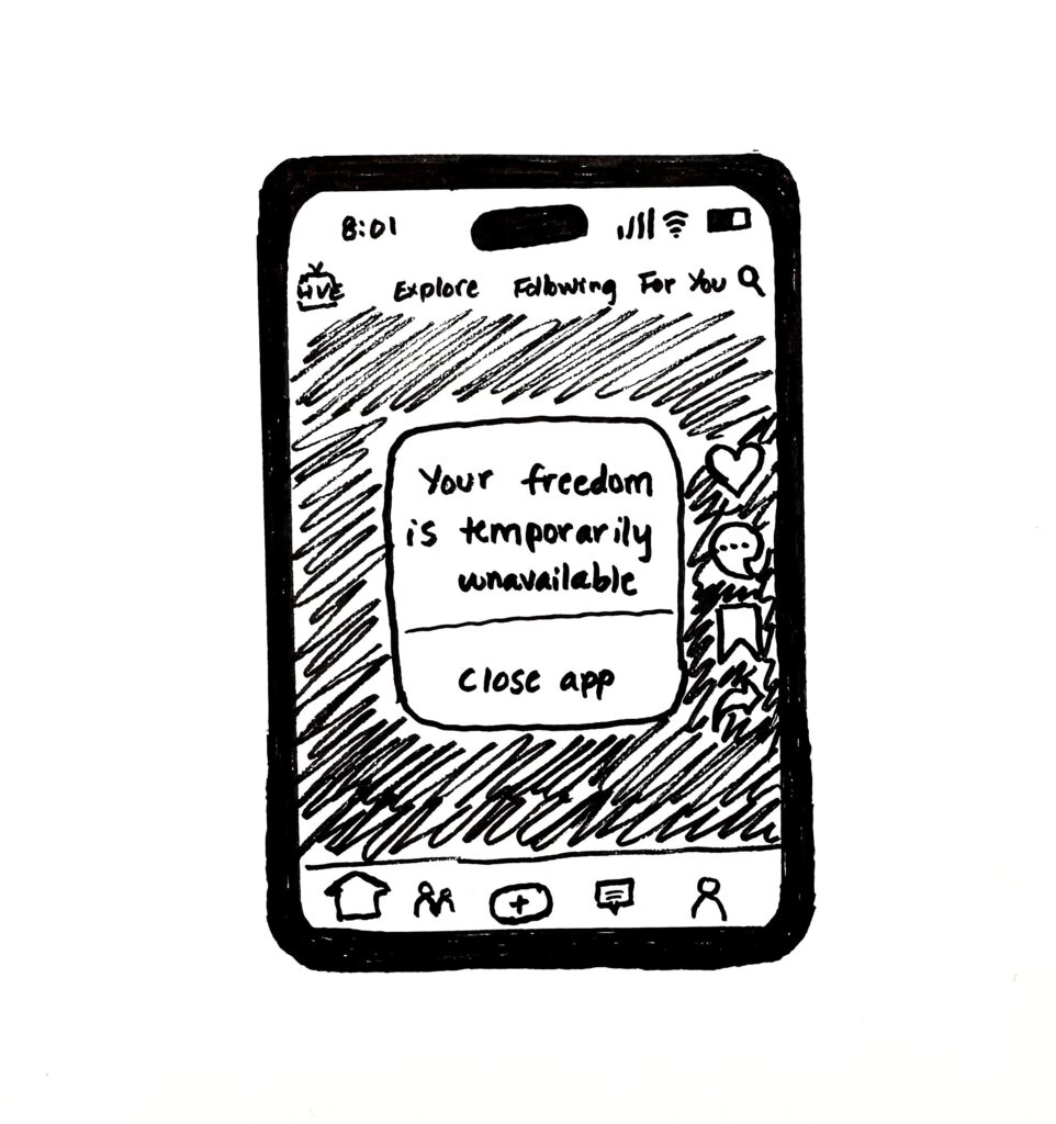 Illustration of a phone that reads "Your freedom is temporarily unavailable"