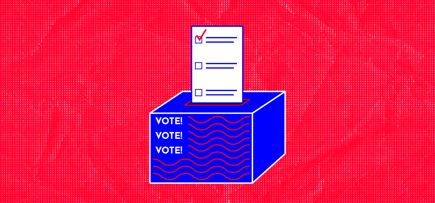 illustration of a ballot going into a ballot box with the words "vote!" on it