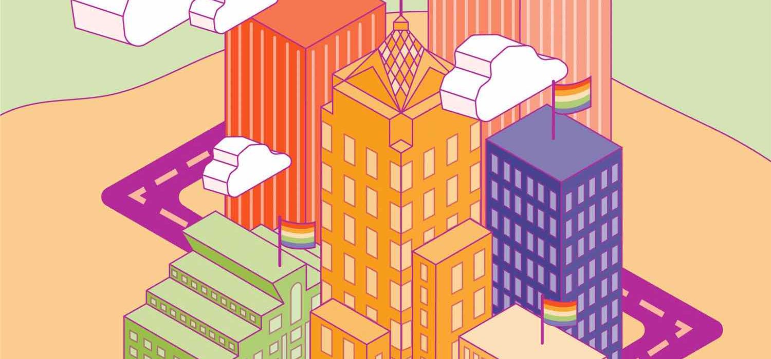 Illustration of downtown Rochester in bright colors with rainbow pride flags on top of the building